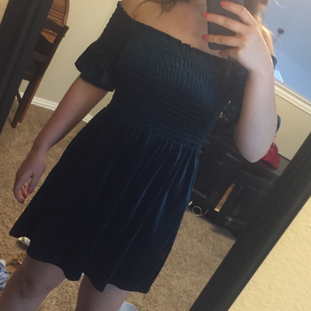 teal off the shoulder velvet dress